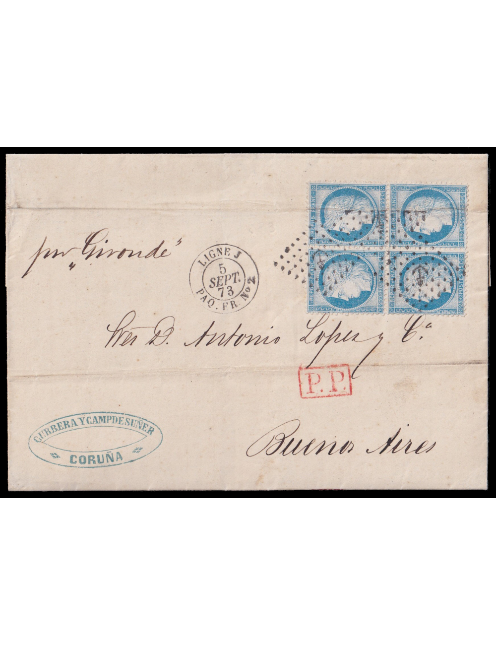 Yv(4) 1873 (5 DIC) Coruña a Buenos Aires (Argentina). Bloque de cuatro de 25 cts. de franco mat. RP con ancla. En el frente fech