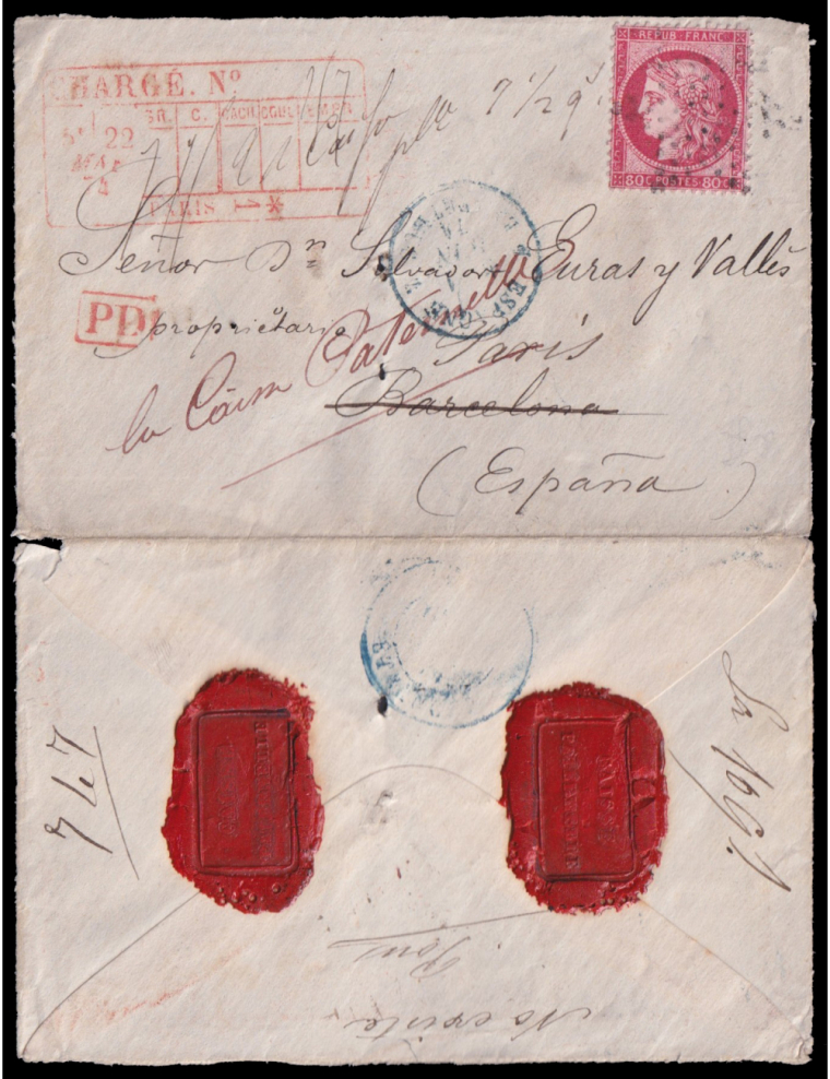 Yv57 1874 (22 MAY) París a Barcelona. 80 cts. de franco rojo mat. estrella de París. En el frente gran fechador recuadrado de ce