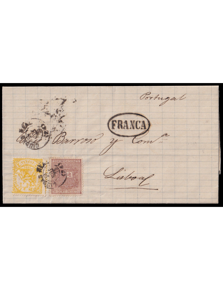 143y153 1875 (30 JUN) Ciudad Real a Lisboa (Portugal). 2 cts. amarillo y 10 cts. castaño mat. fechador tipo II en negro de Ciuda