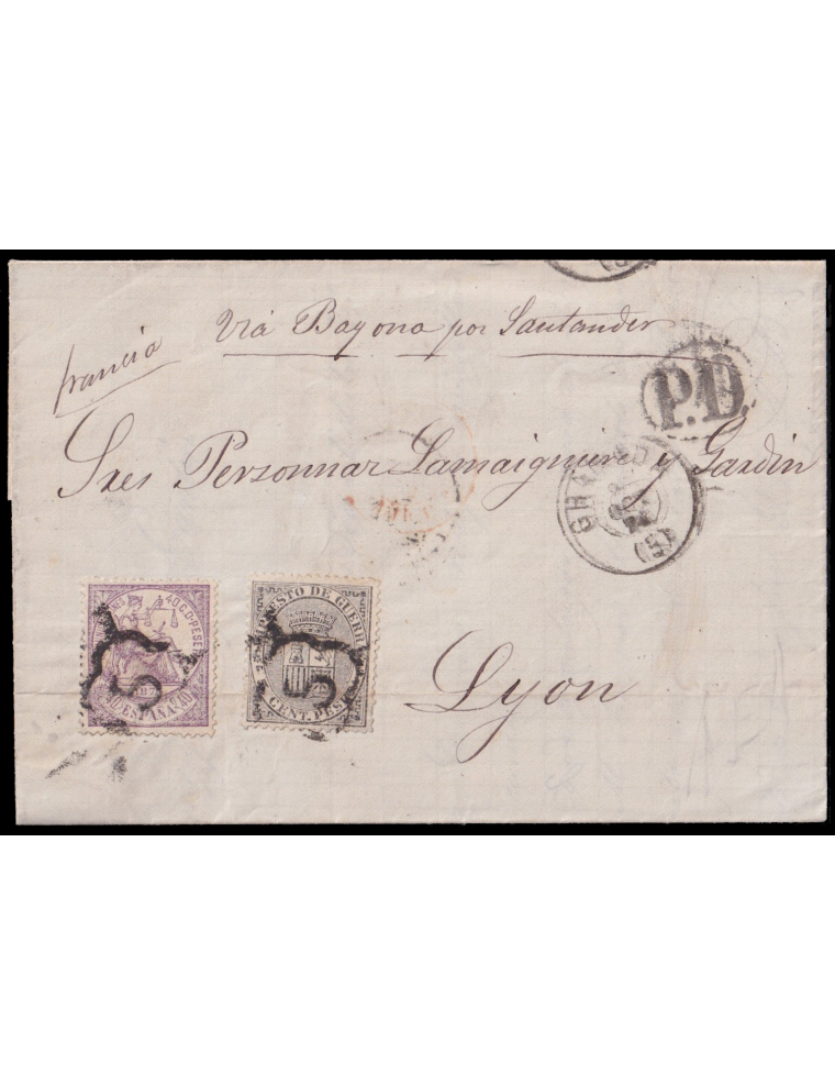 148y141 1874 (26 OCT) Granada a Lyon (Francia). 40 cts. violeta y 5 cts. negro IG mat. araña numerada “5” y en el frente fechado