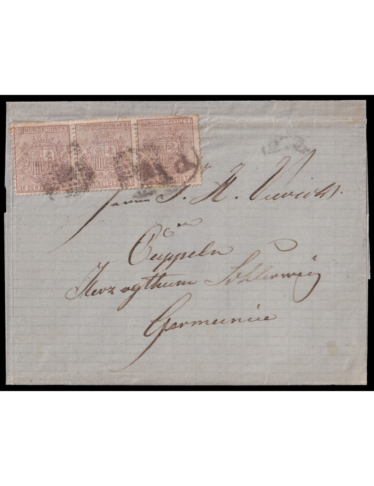 153(3) 1875 (9 MAR) Gijón a La Habana (Cuba). 10 cts. castaño tres ejemplares mat. fechador. Rarísima envuelta con franqueo sust