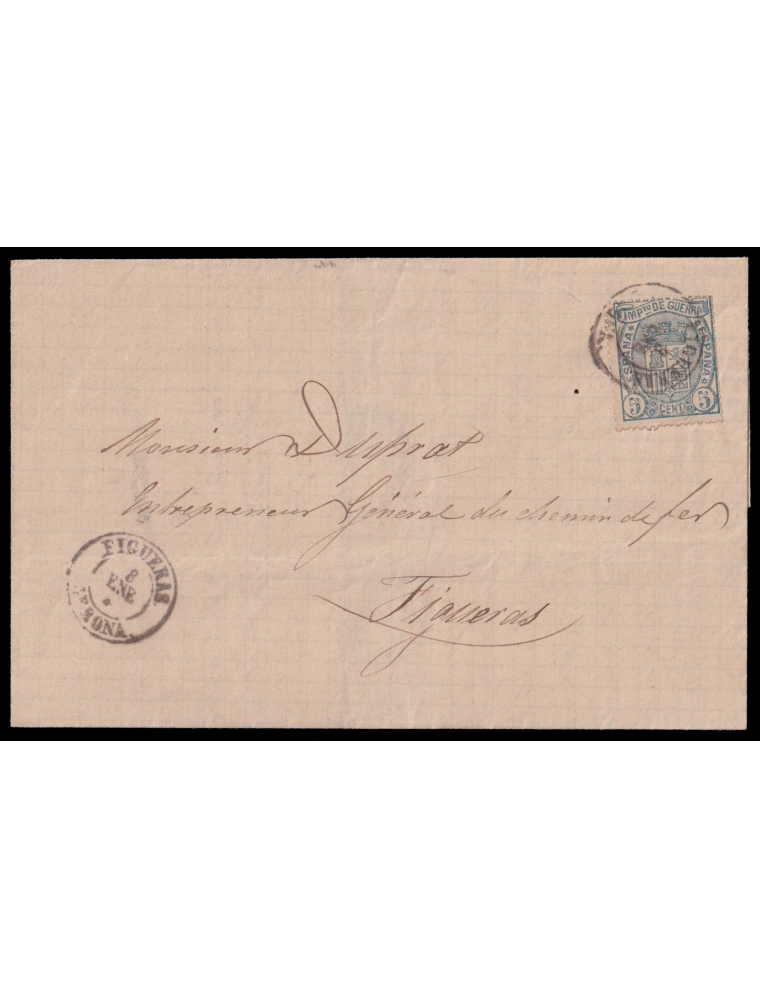 154 1875 (8 ENE) Figueras. Correo interior. 5 cts. IG verde mat. fechador que se repite en el frente. Muy interesante y rara car