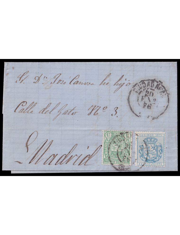 154yrecibos 1876 (20 ENE) Ciudad Real a Madrid. 5 cts. IG verde y sello de recibos de 12 cts. en azul mat. fechador de tipo gran