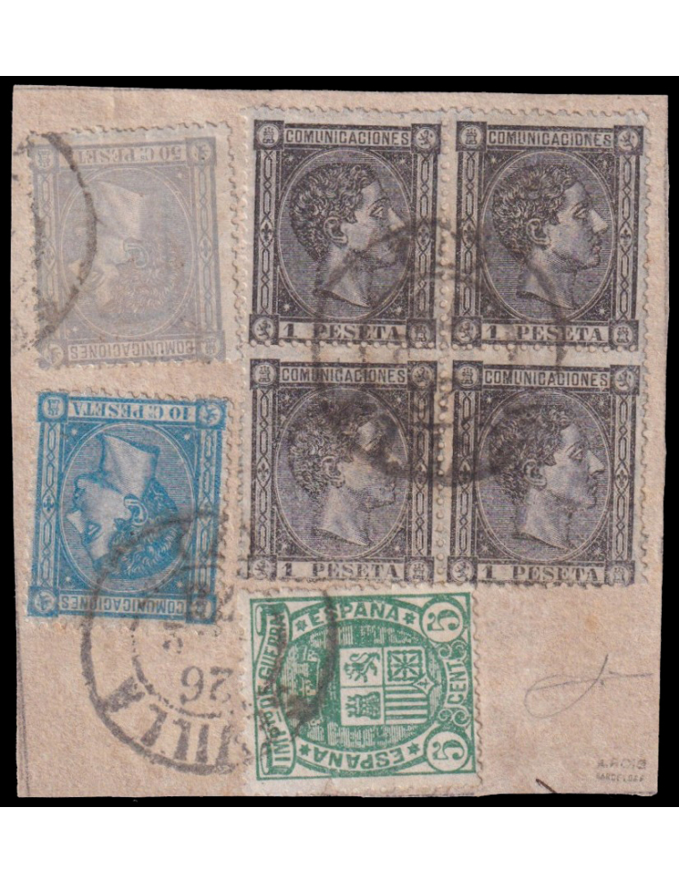 164168169(4 )y 154 1875 (26 AGO) Sevilla. Fragmento probablemente de plica judicial con sello de 10 cts. azul 50 cts. gris bloqu