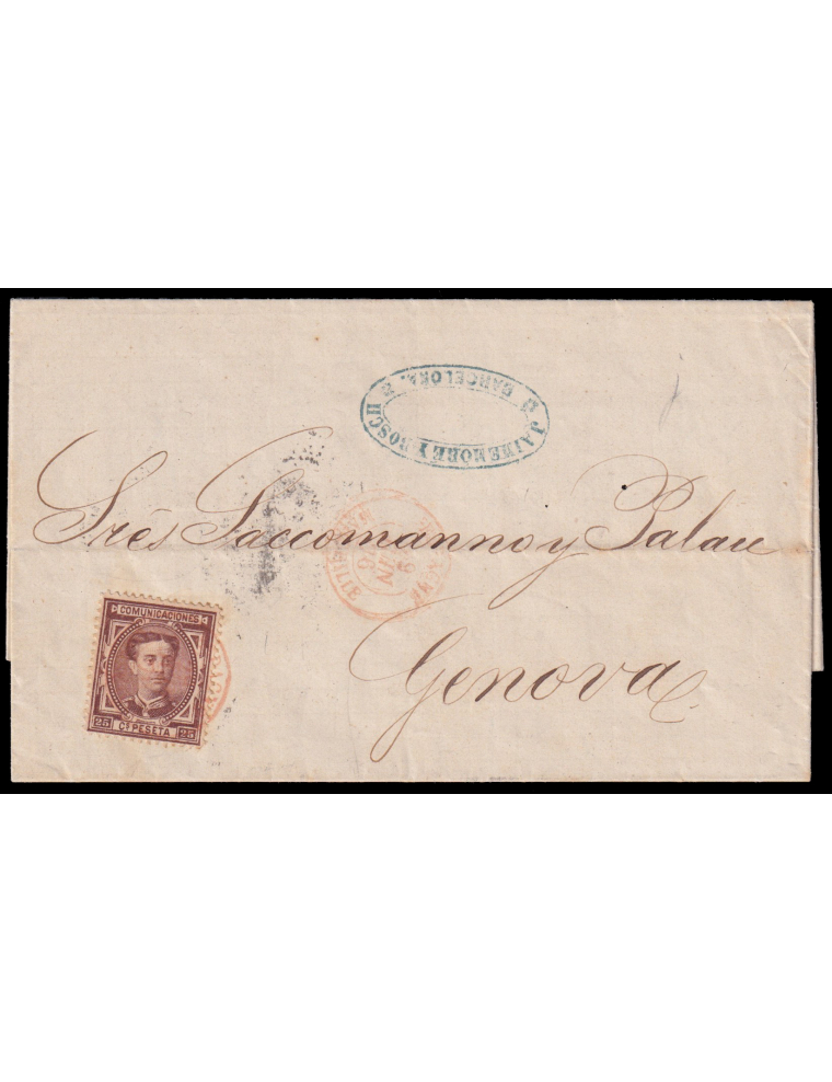 177 1876 (27 JUN) Barcelona a Génova (Italia). 25 cts. castaño mat. fechador “ESPAGNE/ MARSEILLE” en rojo que se repite en el fr