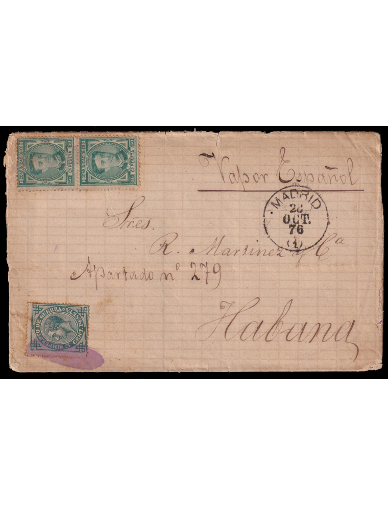 179(2) 1876 (28 OCT) Madrid a la Habana. 50 cts. verde pareja vertical y 5 cts. de IG mat. pincelada cárdena. En el frente fecha