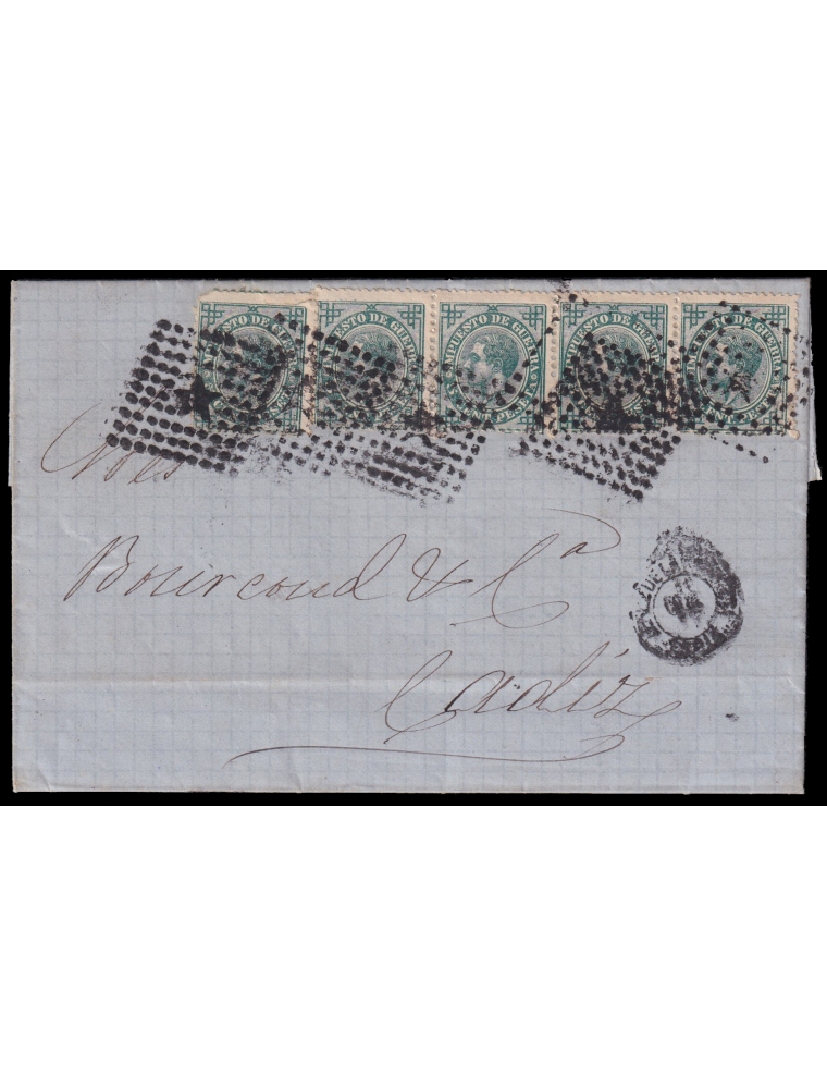 183(5) 1877 (6 OCT) Jerez a Cádiz. 5 cts. verde IG tira de cinco ejemplares y uno suelto mat. RP con estrella y en el frente fec