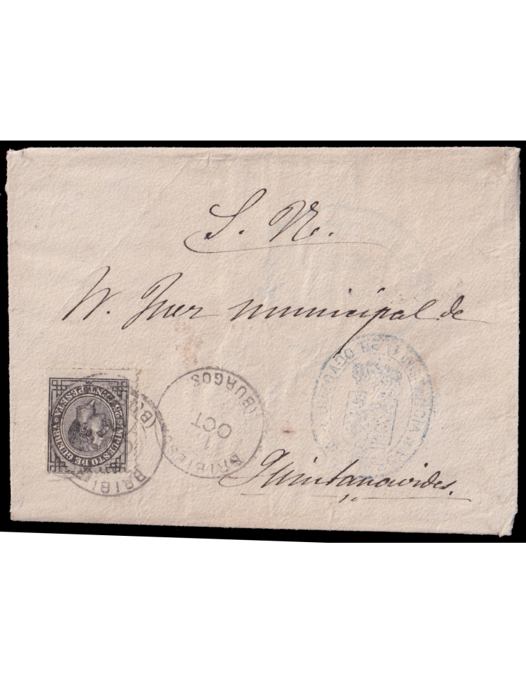 185 1878 (18 OCT) Briviesca a Quintanavides (Burgos). 25 cts. negro IG usado previamente mat. fechador trébol “BRIVIESCA/BURGOS”