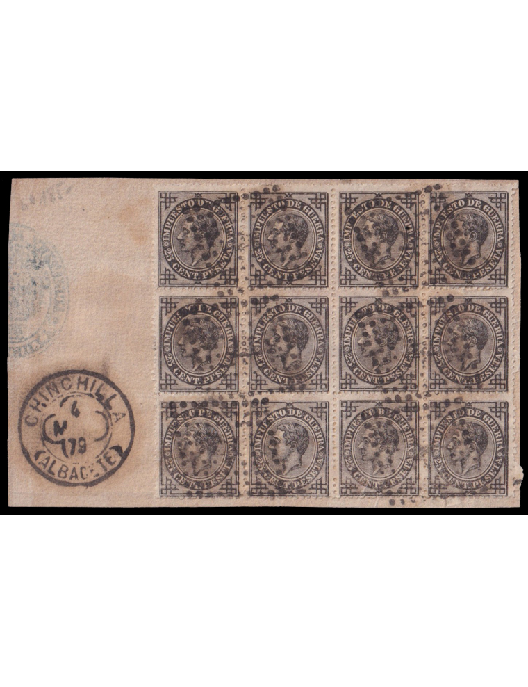 185(12) 1879 (4 MAY) Chinchilla (Albacete). 25 cts. negro IG bloque de doce (4x3) ejemplares mat. RP con estrella y en el frente