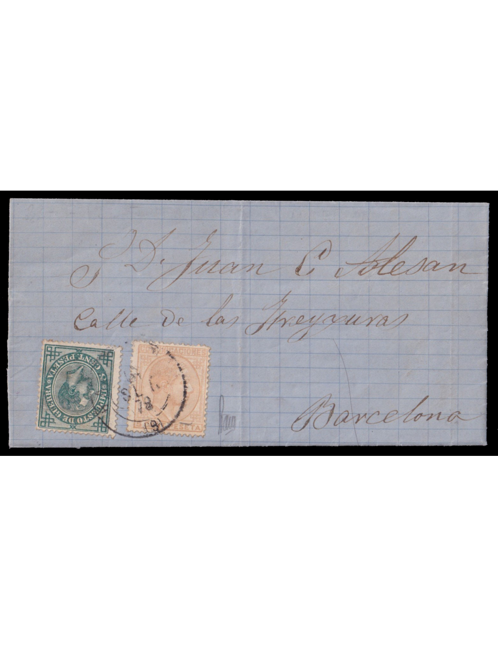 191y183 1878 (23 SET) Lérida a Barcelona. 5 cts. verde IG mat. fechador en negro de Barcelona. Muy rara combinación de franqueo 