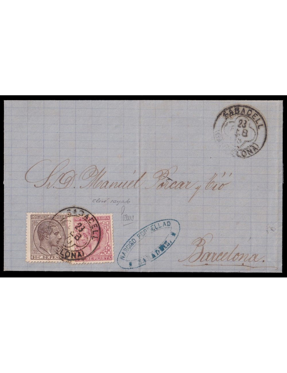 192y188 1879 (21 FEB) Sabadell a Barcelona. 10 cts. castaño y 15 cts. carmín IG variedad por clisé rayado mat. fechador trébol q