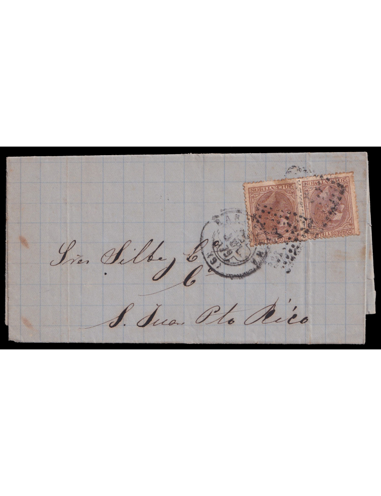 203(2) 1879 (29 JUL) Barcelona a San Juan de Puerto Rico. 20 cts. castaño rojizo pareja mat. RP con estrella y fechador. Rara fr