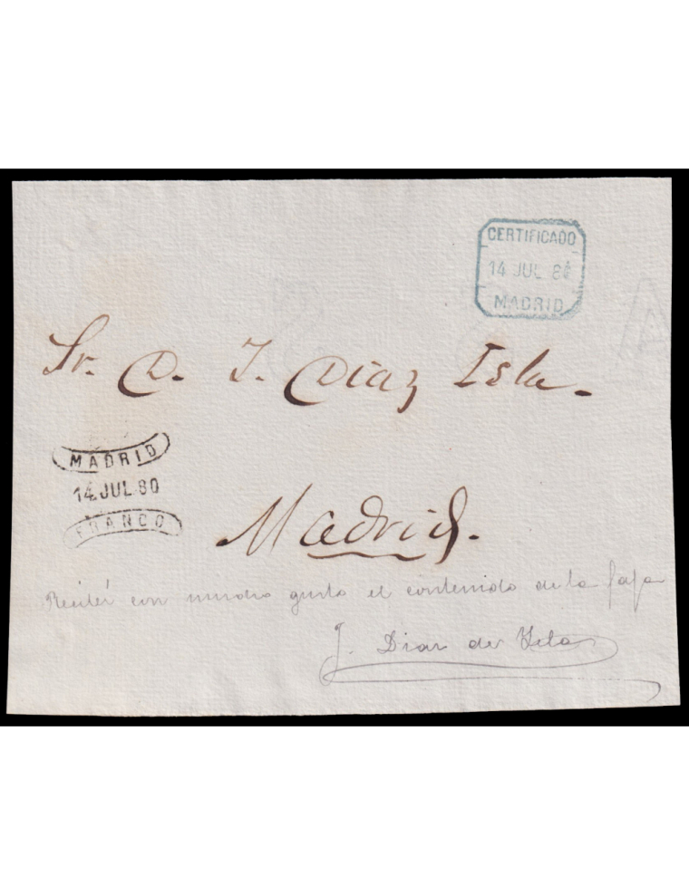 1880 (14 JUL) Madrid. Correo interior. Frontal sin franquear. Remitido por el Dr. Thebussem a J. Diaz Isla. Marcas “CERTIFICADO/