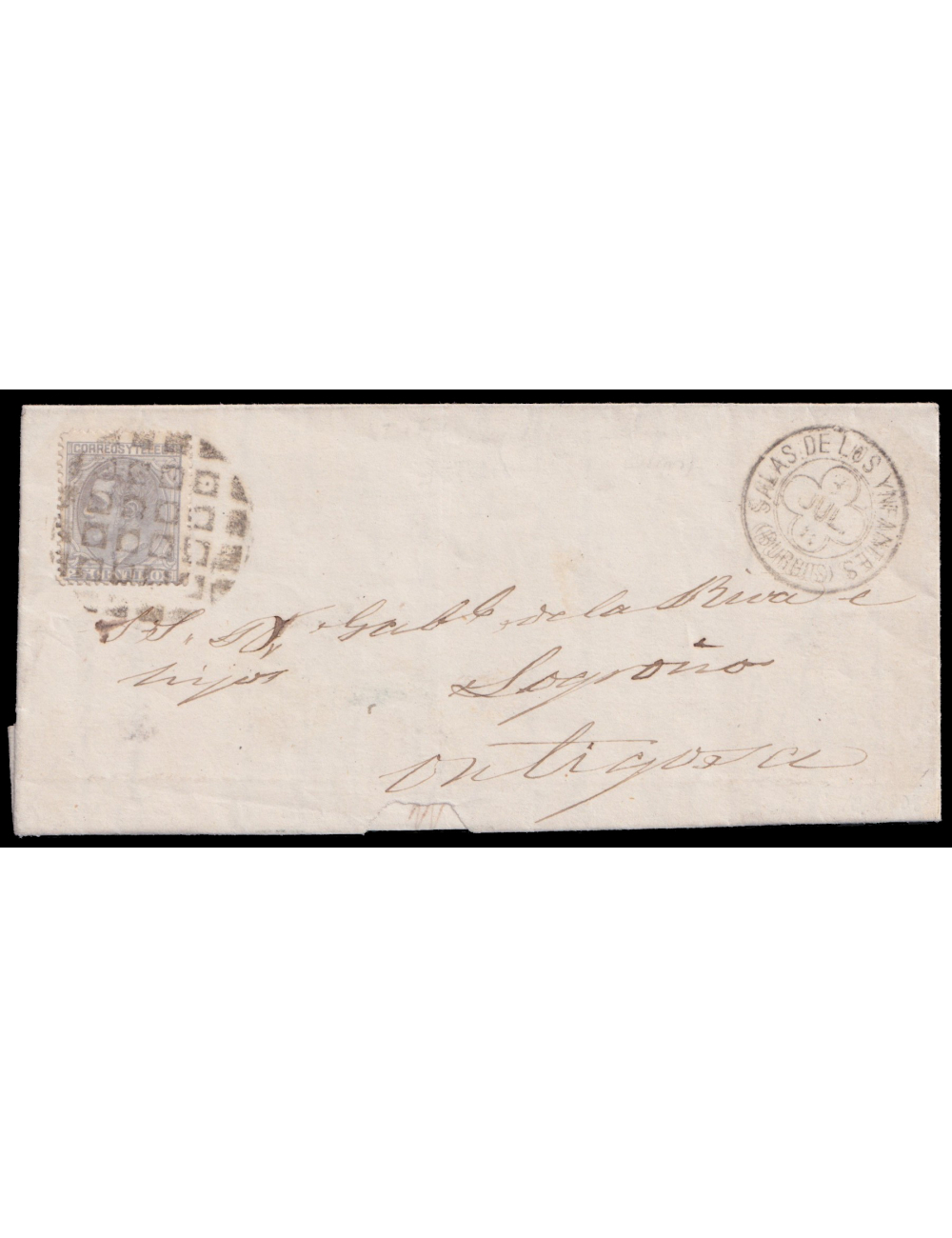 204 1879 (2 JUL) Salas de los Infantes (Burgos) a Ortigosa. 25 cts. gris mat. taladro de puntos limados y en el frente fechador 