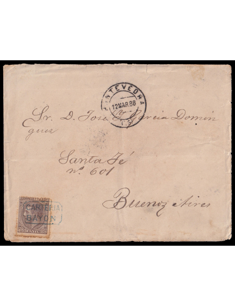 205 1888 (12 MAR) Pontevedra a Buenos Aires (Argentina). 40 cts. castaño oscuro mat. cartería “CARTERIA/ BAYONA” recuadrada en a