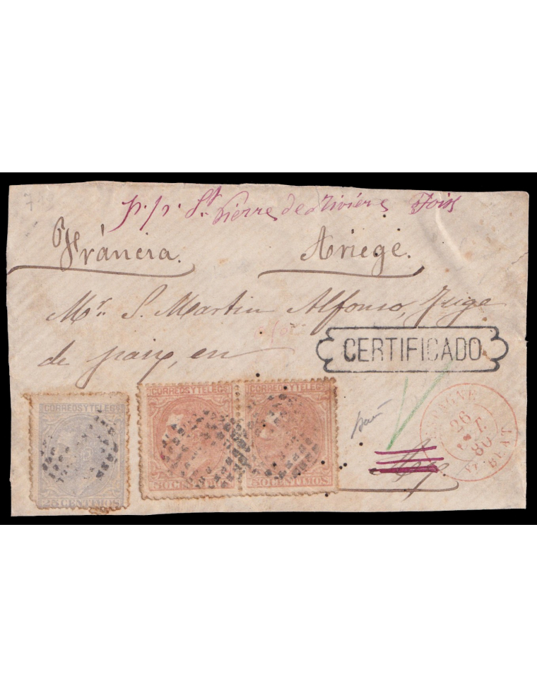 204y206(2) 1880 (OCT) A Ariège (Fracia). 25 cts. gris y pareja de 50 cts. naranja mat. RP limado. En el frente marca “CERTIFICAD