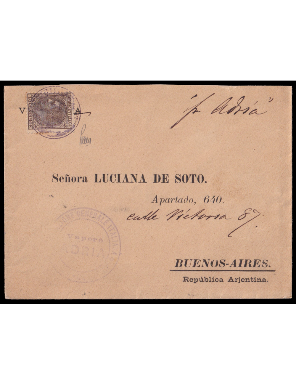 205 1880 a Buenos Aires. 40cts. castaño mat. violeta del vapor Adria. En el frente marca circular “NAVIGAZIONE GENERALE ITALIANA