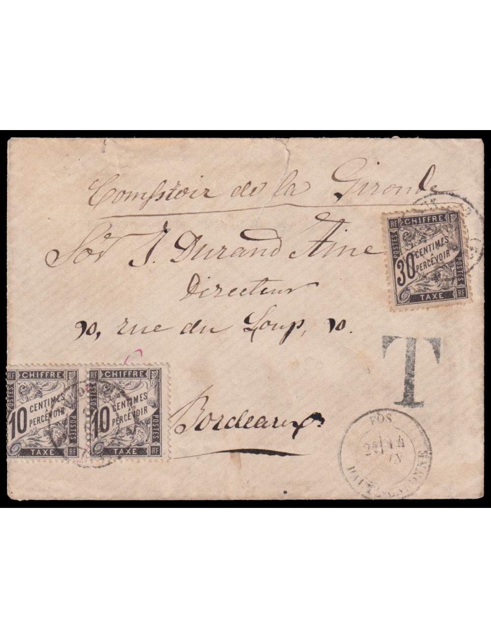 1885 (14 JUN) Les (Lérida) a Burdeos (Francia). SCM sin franquear en origen y por ello tasado con pareja de 10 cts. y 30 cts. fr