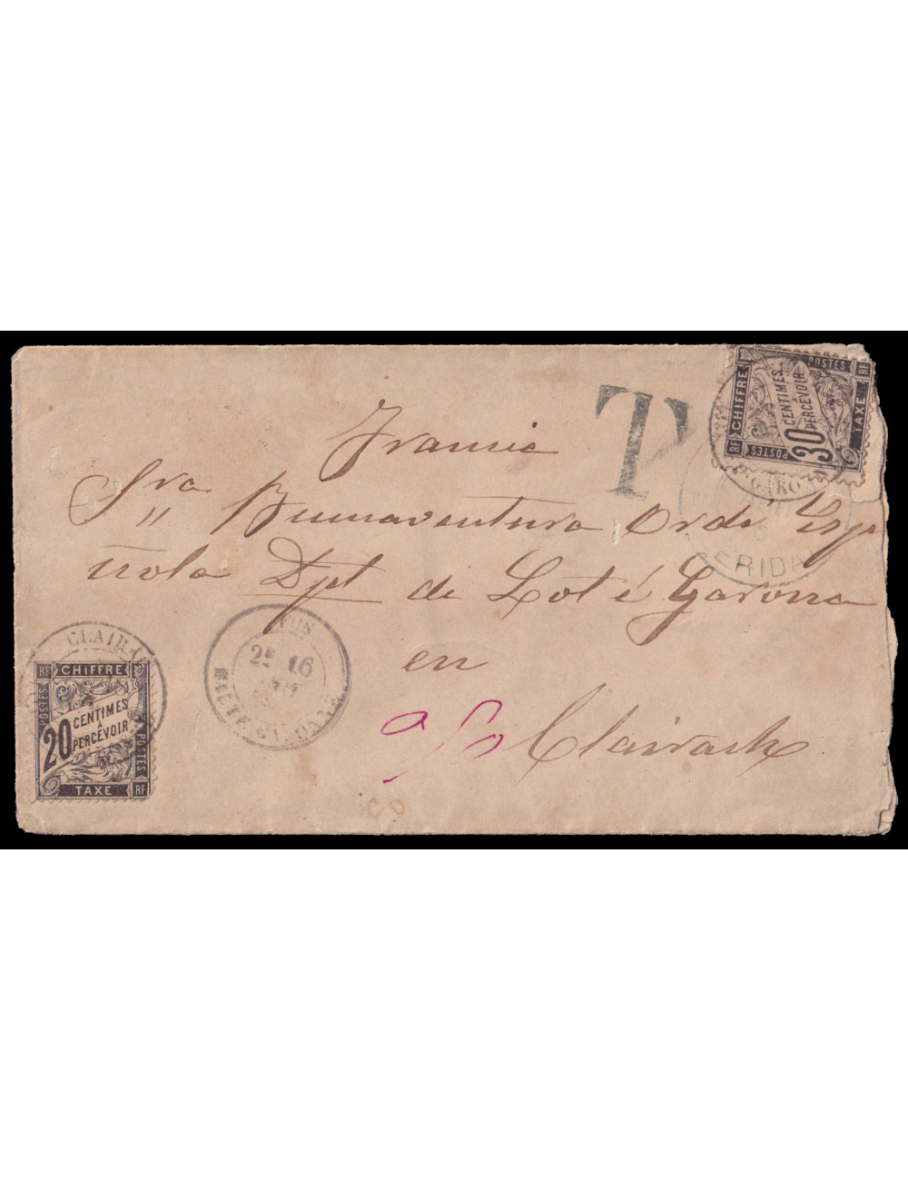 tasa francesa 1885 (15 AGO) Lés (Lérida) a Clariach (Francia) SCM sin franquear con fechador tipo trébol de origen y “T” de tasa