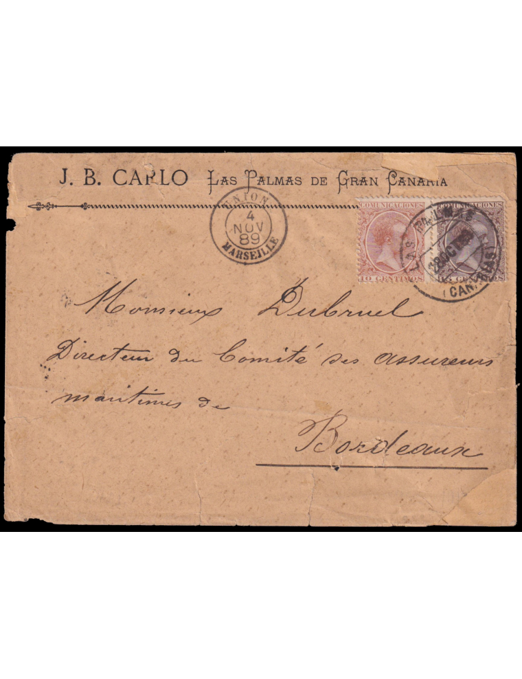 217y219 1899 (28 OCT) Las Palmas a Burdeos (Francia). 10 cts. castaño y 15 cts. castaño oscuro (N217 219) mat. fechador. En el f