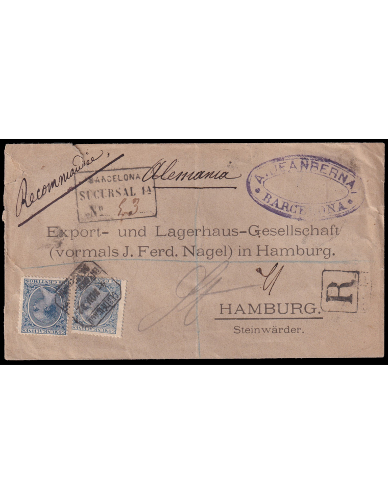 219 1892 (19 JUL) Tineo a Lagar. 15 cts. castaño amarillento en lugar de violeta dos ejemplares con error de color por tener el 