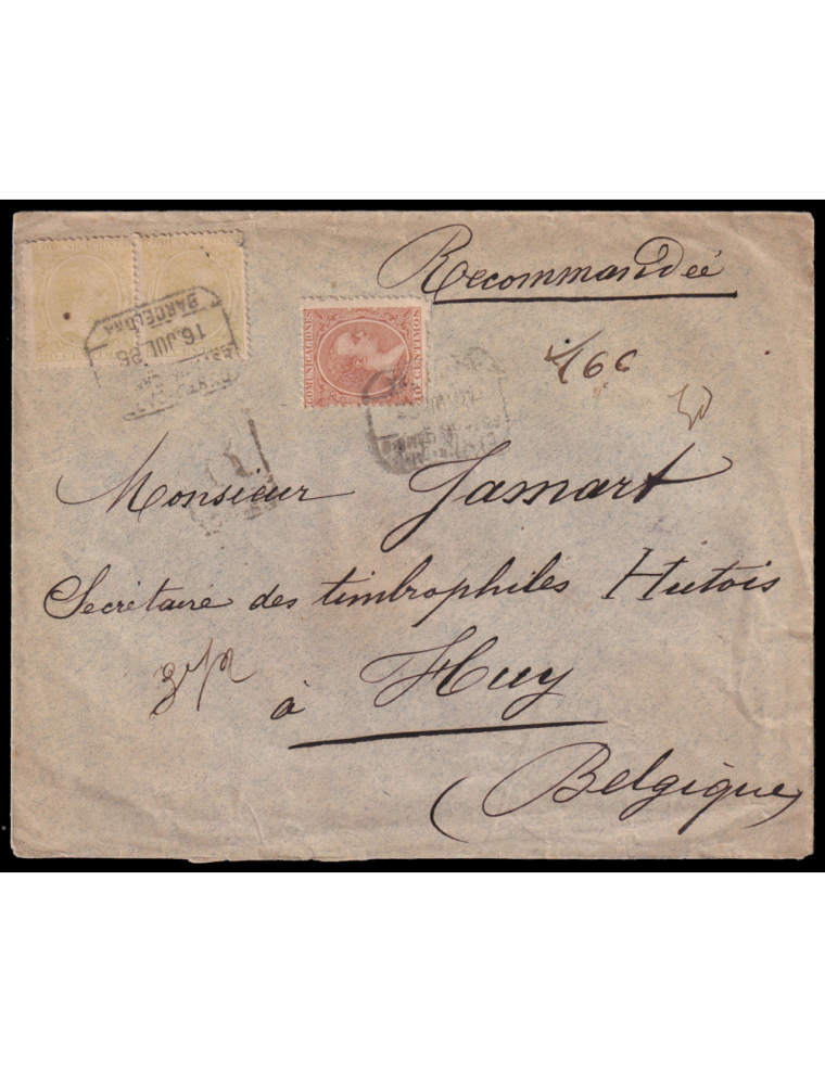 217y220(2) 1896 (16 JUL) Barcelona a Huy (Bélgica). Muy raro franqueo para cubrir la tarifa de un porte certificado a Bélgica. A