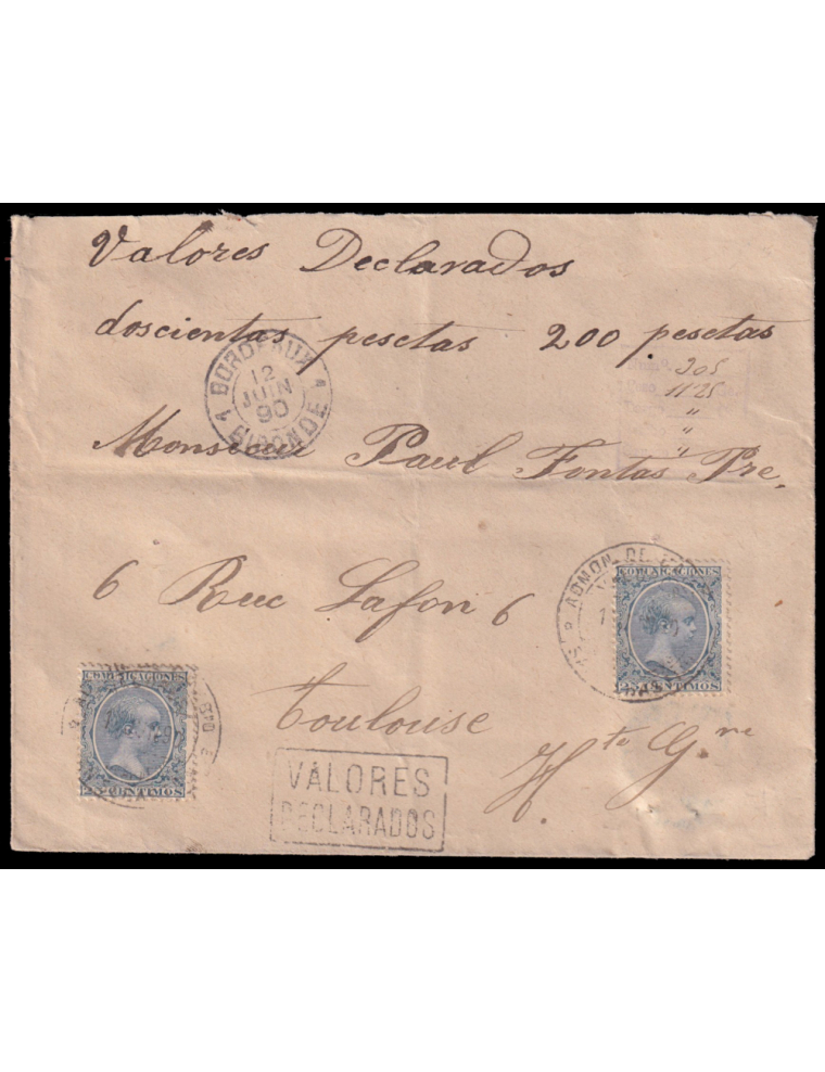 221(2) 1890 (12 JUN) San Sebastián a Toulouse (Francia). Raro valor declarado de 200 ptas. y 1125 gramos de peso con franqueo de