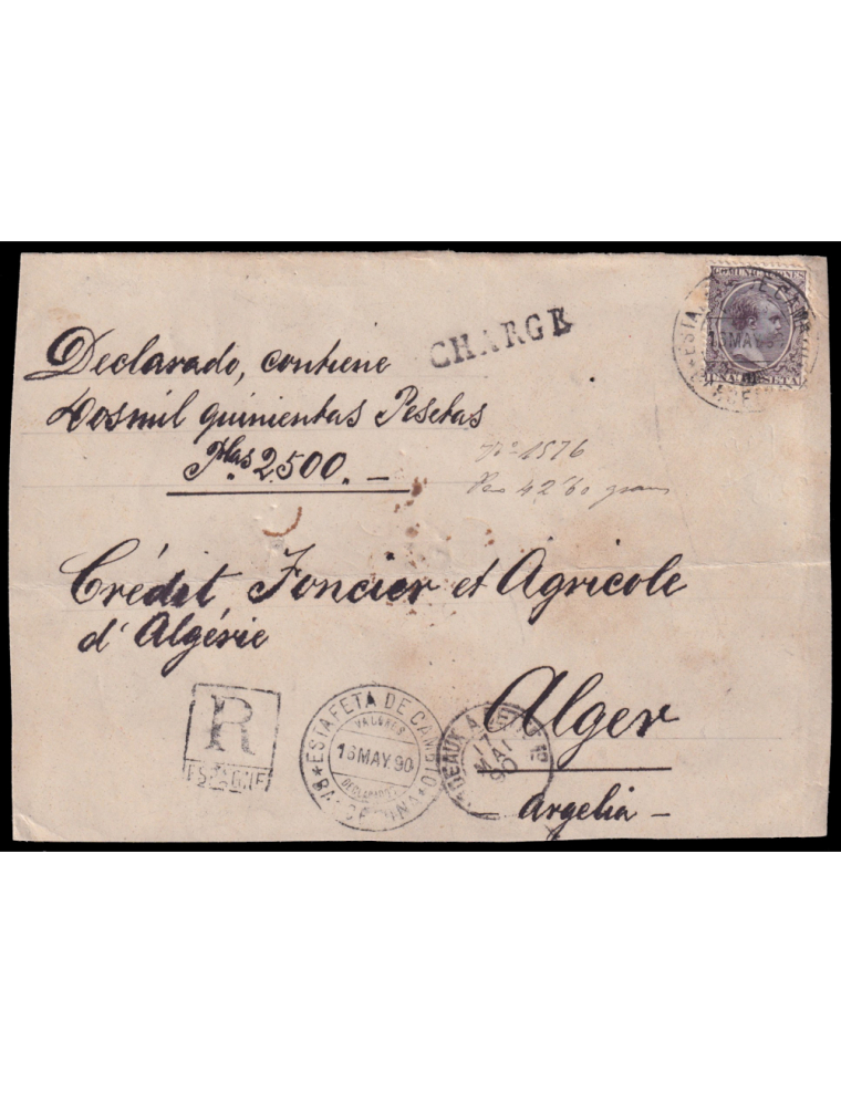 226 1890 (16 MAY) Barcelona a Alger (Argelia). Valor declarado de 2500 pesetas y 425 gramos de peso franqueado con 1 peseta lila