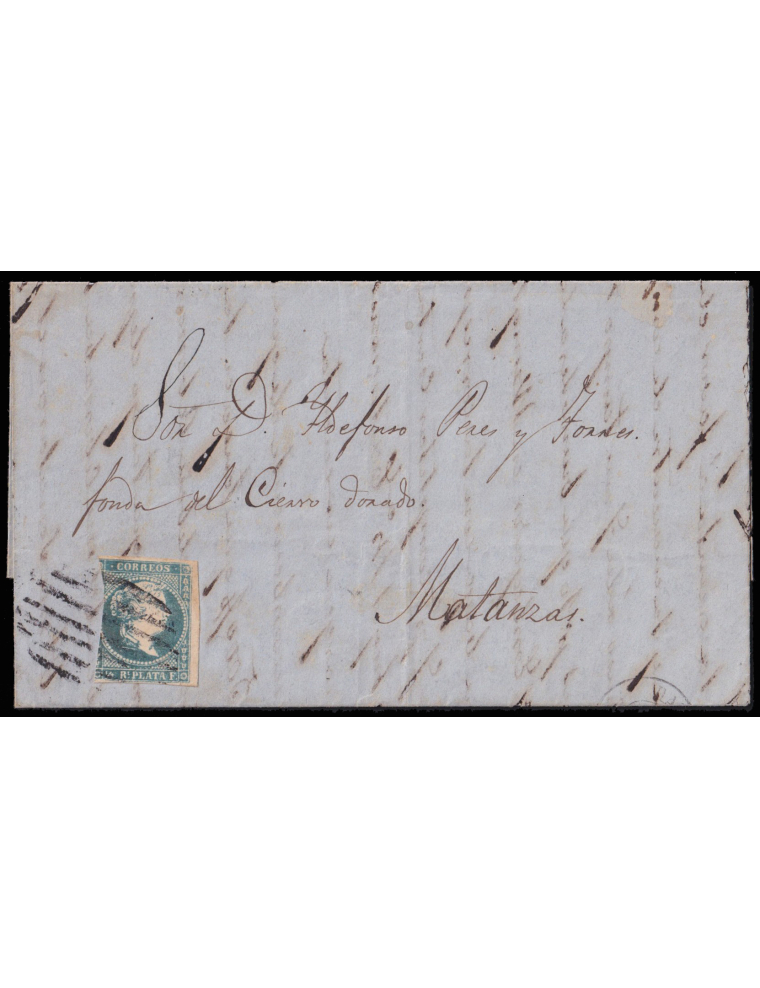 Antillas7F 1864 (ABR) La Habana a Matanzas. Medio real azul falso de época (Graus tipo II, Guerra tipo III) mat. parrilla y en e