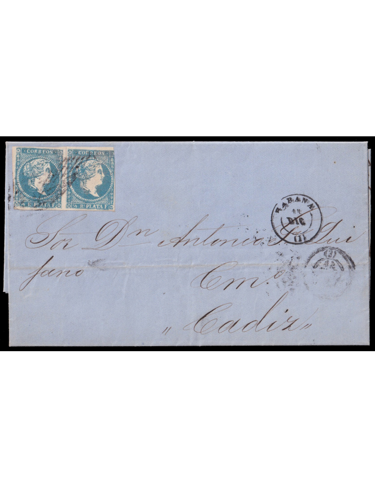 Antillas7F(2) 1862 (15 DIC) La Habana a Cádiz. Medio real azul pareja horizontal falsa de época (Graus tipo II, Guerra tipo III)