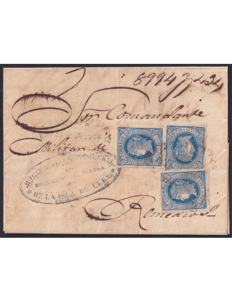 Cuba14(3) 1866 (AGO) La Habana a Remedios. 10 cts. azul tres ejemplares mat. fechador “CERTIFICADO EN LA HABANA…N” de tenue esta