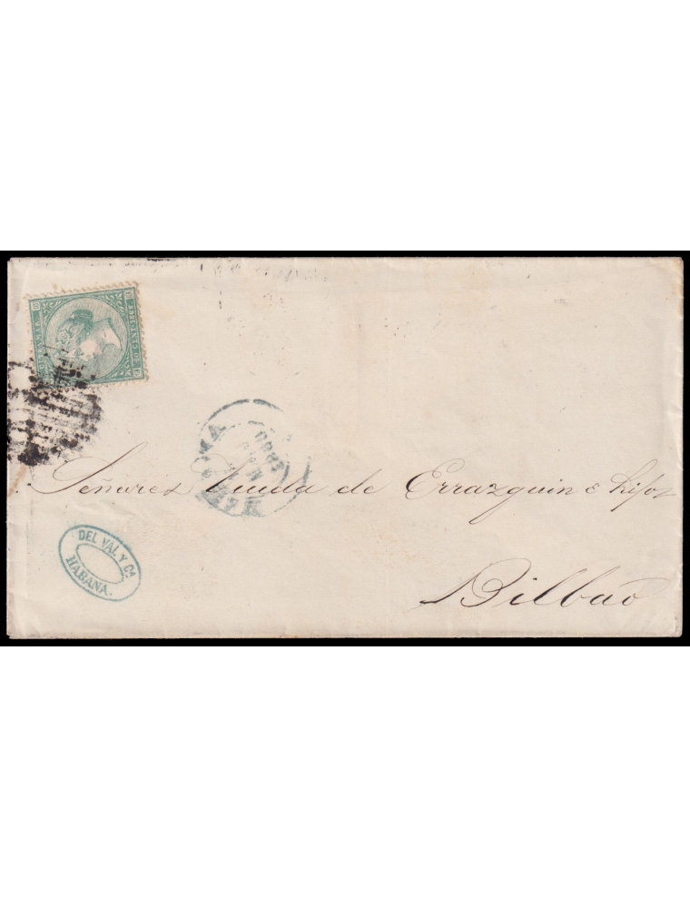 Antillas14F 1868 (14 AGO) La Habana a Bilbao. 20 cts. verde falso de época tipo único azul mat. parrilla de líneas finas. En el 