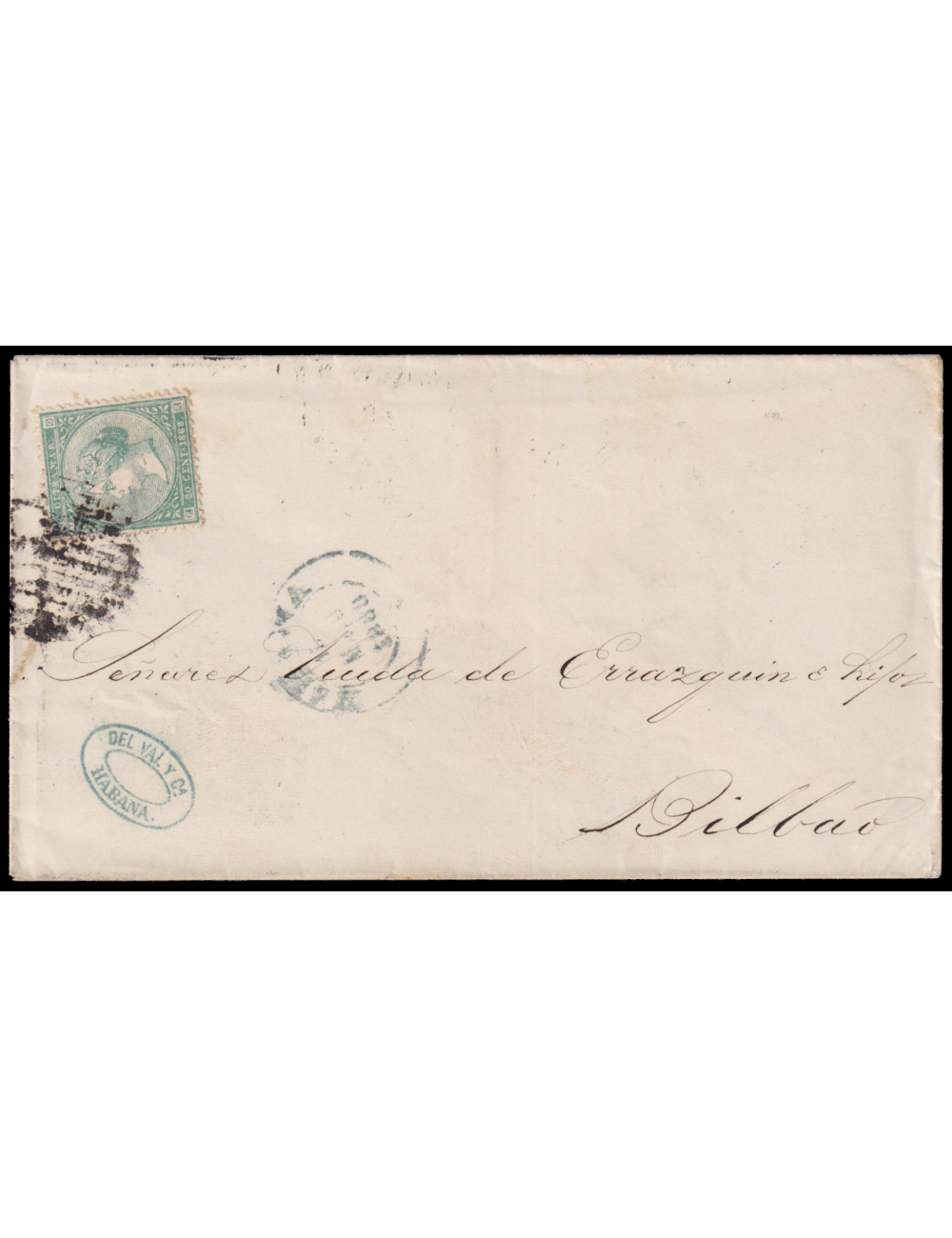 Antillas14F 1868 (14 AGO) La Habana a Bilbao. 20 cts. verde falso de época tipo único azul mat. parrilla de líneas finas. En el 