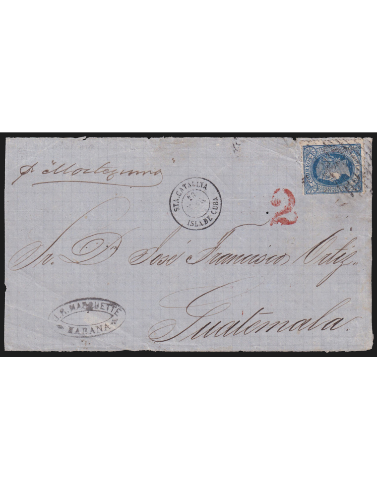 Antillas19 1867 (28 MAR) Santa Catalina a Guatemala. 10 cts. azul mat. parrilla de líneas finas. En el frente fechador “SANTA CA