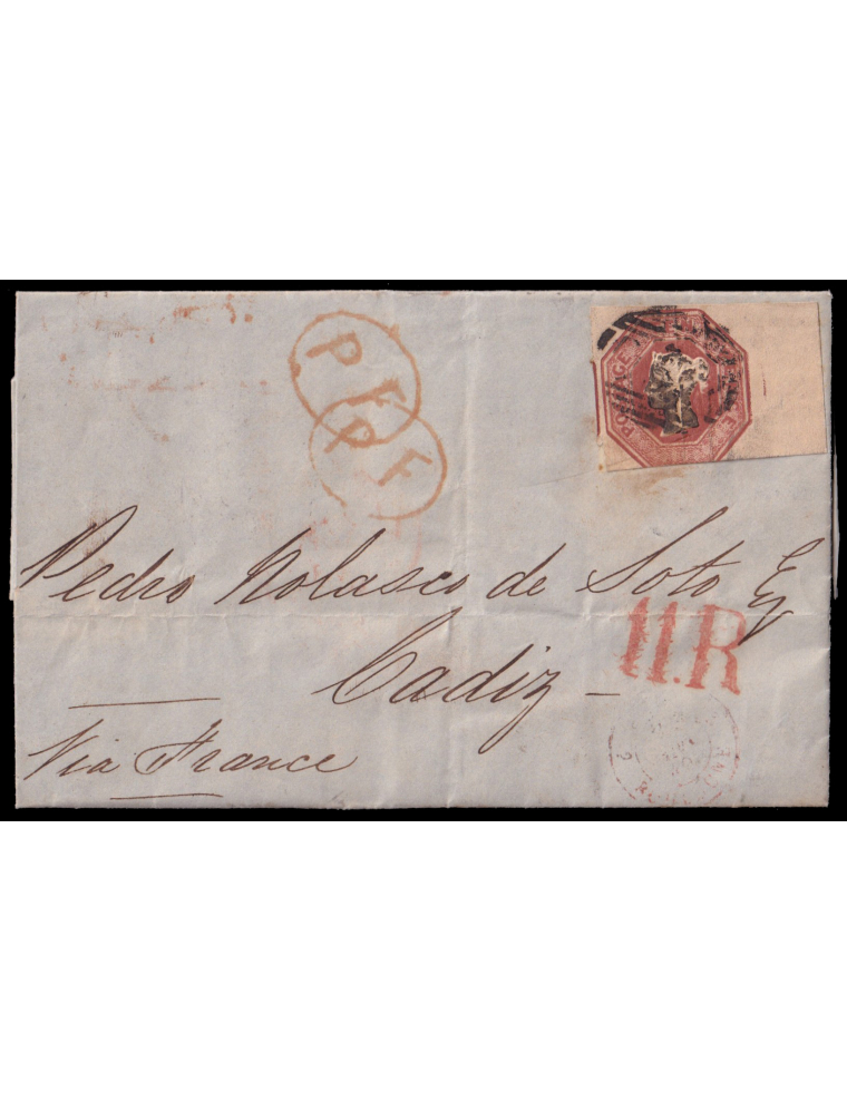 1849 (22 ENE) Liverpool (Inglaterra) a Cádiz. 10 peniques castaño (SG n57) mat. numeral “466” en negro. Al dorso fechador de sal