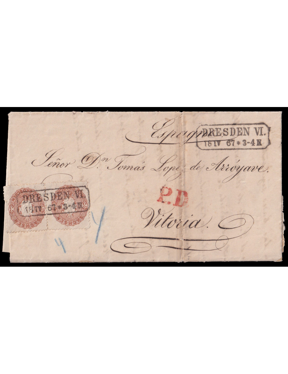 1867 (18 ABR) Dresden (Alemania) a Vitoria (Álava). 3 neugroschen marrón pareja horizontal mat. fechador rectangular de origen q