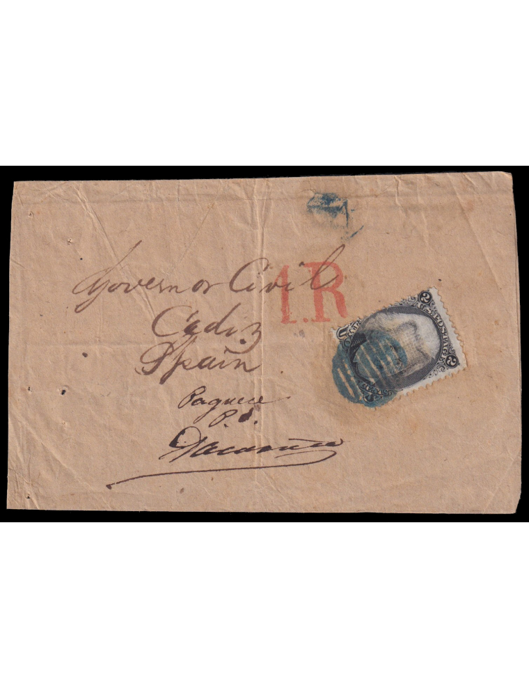 1868 (MAY) Estados Unidos a Cádiz. Franqueo con 2 centavos negro (Scott n73) mat. parrilla ovalada en azul. Fajín de impresos ta