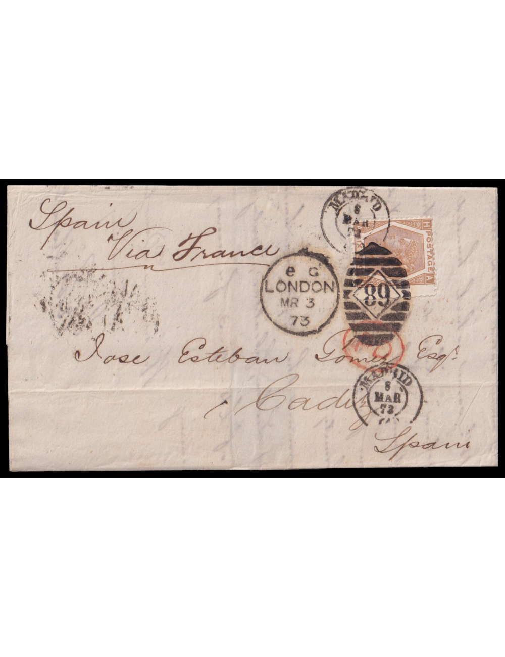 1873 (3 MAR) Londres a Cádiz. 6 peniques (Yv n47) mat. numeral “89” en negro aceitoso de Londres y fechador de Madrid que se rep