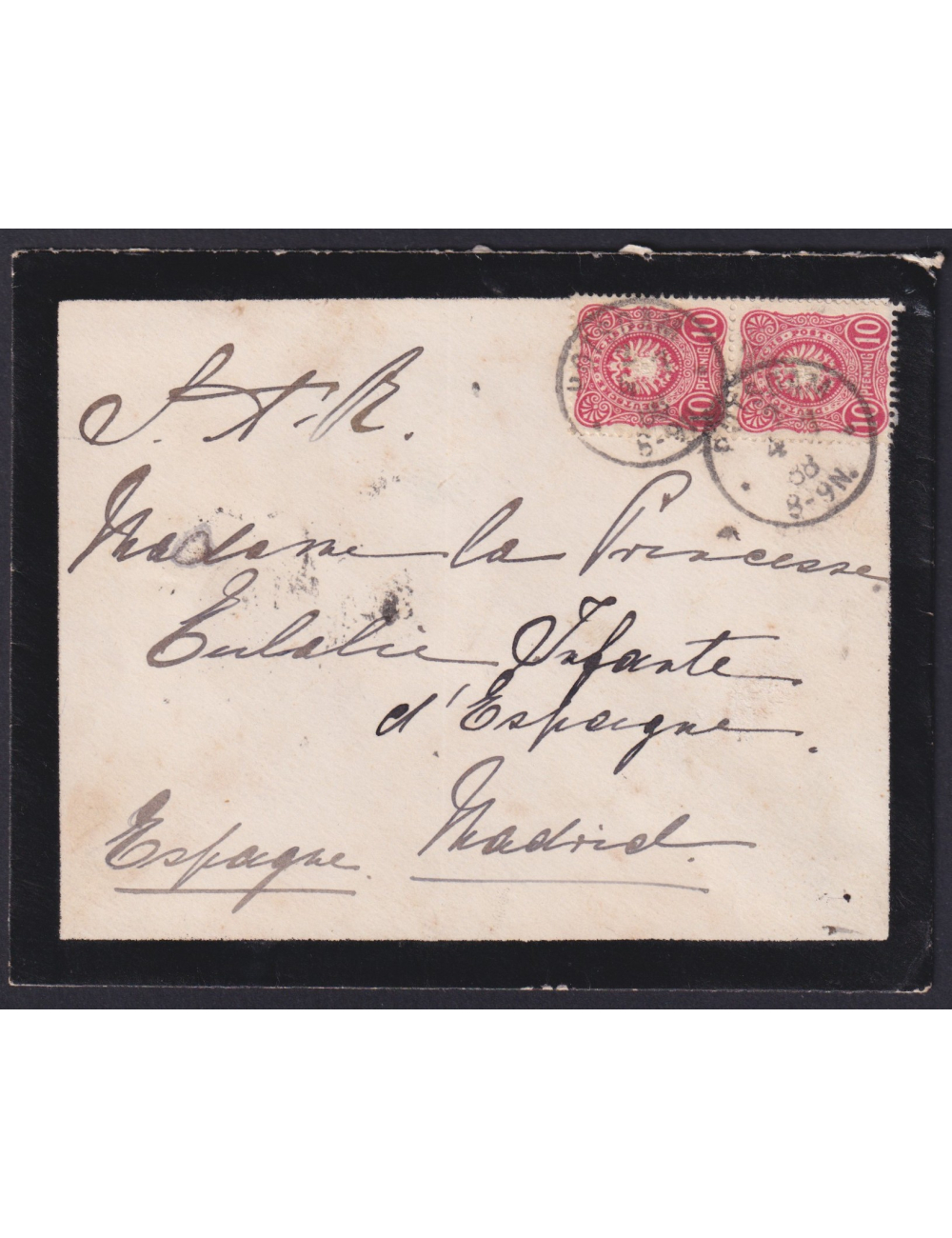 Yv32(2) 1888 (4 JUL) Postdam (Alemania) a Madrid. SCM de luto dirigido a SAR La Infanta Doña Eulalia. 10 p. rojo en pareja verti