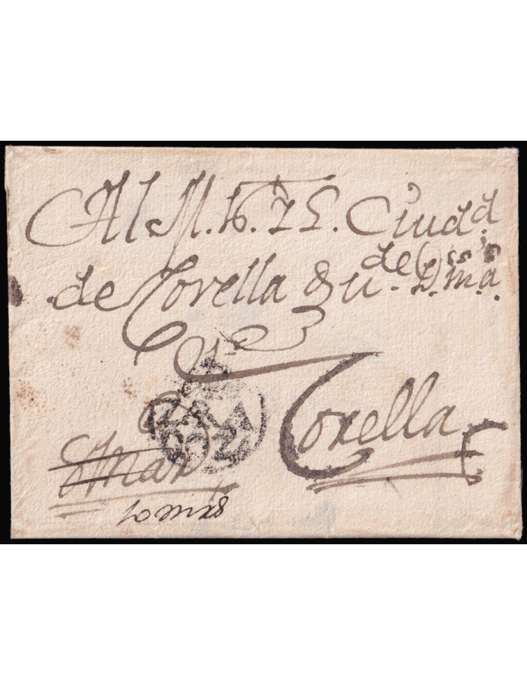 1730 circa. Zaragoza a Corella (Navarra). Marca “ZARA/GOZA”(n2) coronada y recercada en negro. Porteo mns. rectificado de “8” a