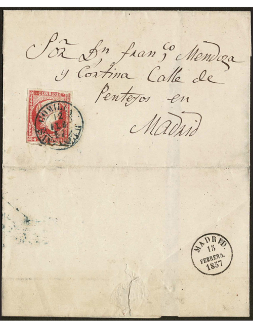 1857 (12 FEB) Comillas a Madrid. 4 cuartos rojo mat. fechador tipo I en negro aceitoso. En el reverso el fechador pequeño de 17 