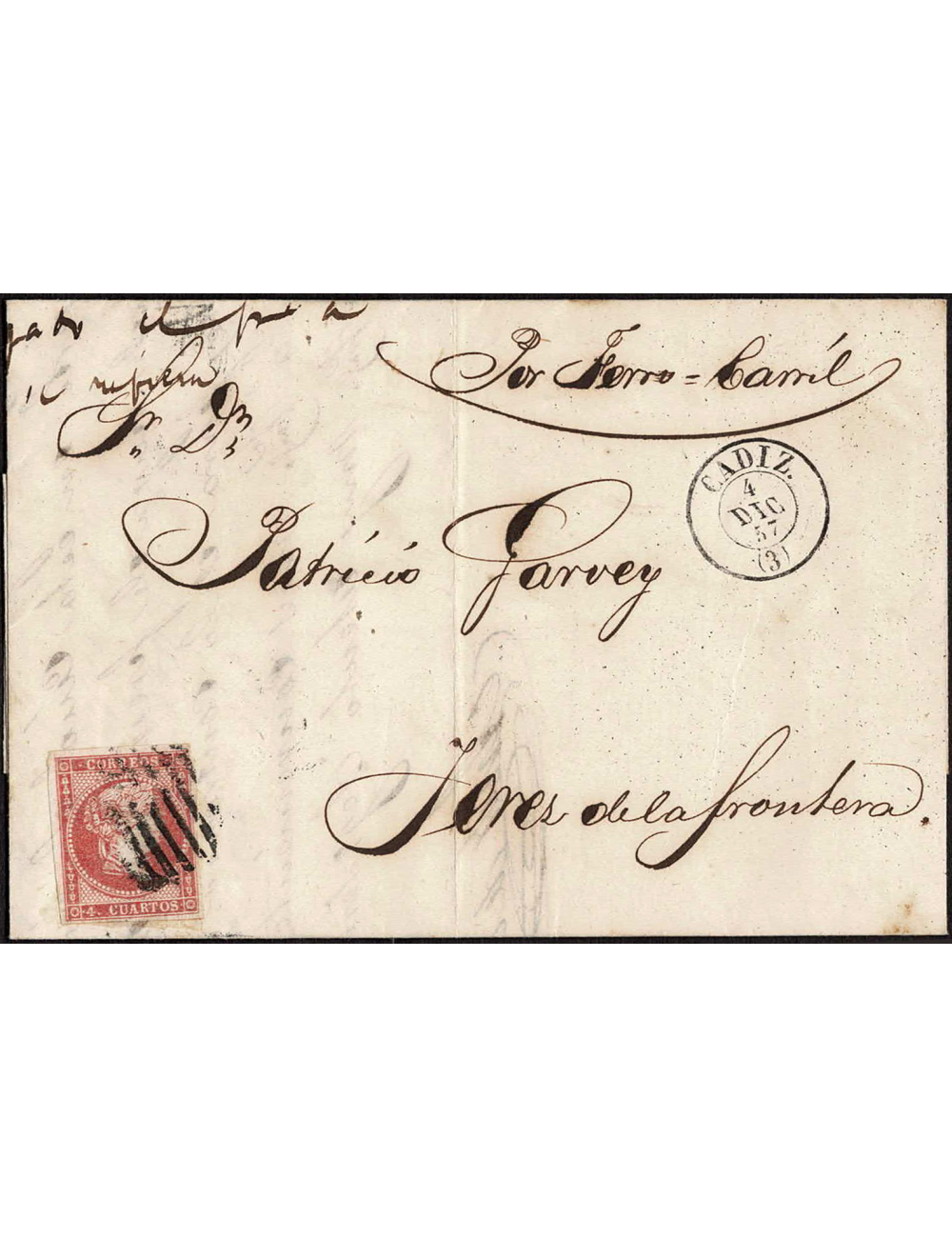 1857 (4 DIC) Cádiz a Jerez. 4 cuartos rojo mat. parrilla en negro. En el frente fechador e indicación mns. “Por Ferro-carril”, p