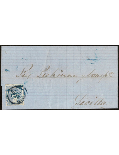 1871 (20 ENE) Ibiza a Sevilla. mils. ultramar mat. fechador en azul intenso. Bonita y rara envuelta.