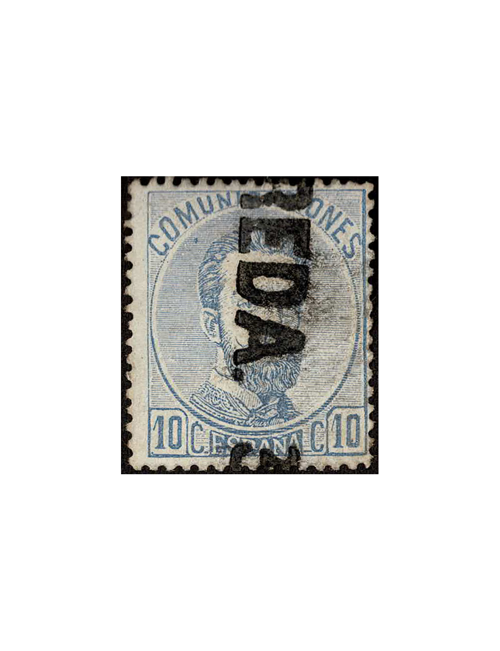 1871 Sello de 10 cts. azul de la emisión de Amadeo con la marca lineal de estación “BREDA 39”. Solo dos piezas conocidas. Cert. 