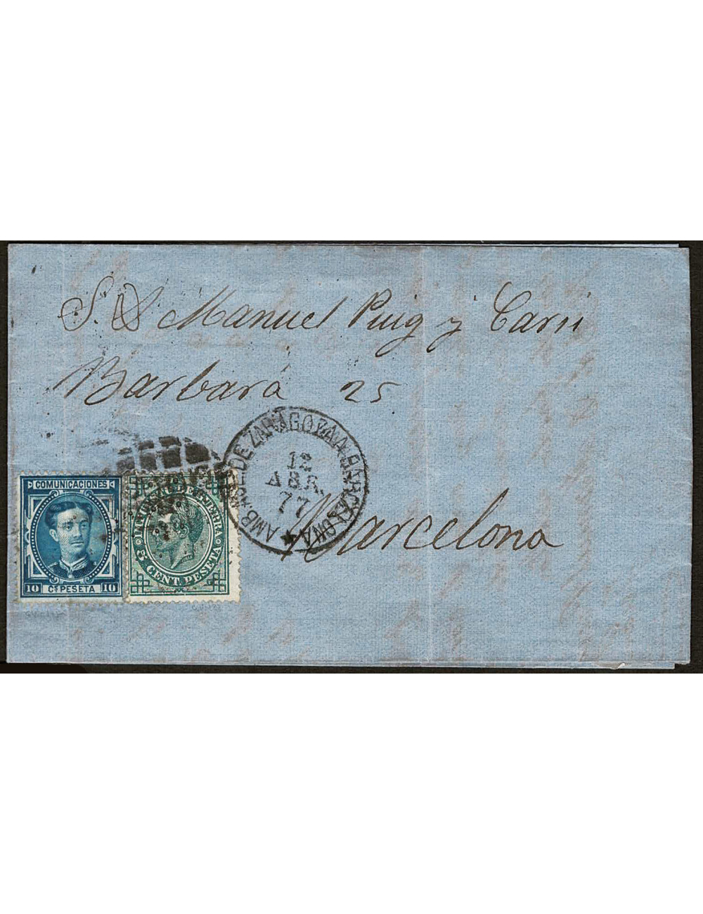 1877 (12 ABR) Monistrol de Montserrat a Barcelona. 10 cts. azul y 5 cts. verde IG mat. círculo de puntos y fechador ambulante de