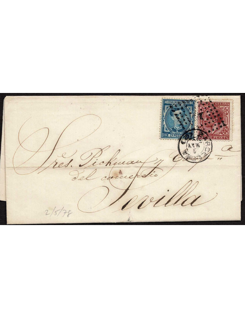 1878 (2 MAY) Barcelona a Sevilla. 10 cts. azul y 15 cts. rojo IG mat. RP con estrella y el rarísimo fechador con las letras “BAR