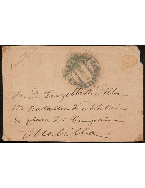 1895 (5 DIC) Barcelona a Melilla. 2 cts. verde bisecado mat. fechador ilegible. Faja de periódico dirigida a un militar destacad